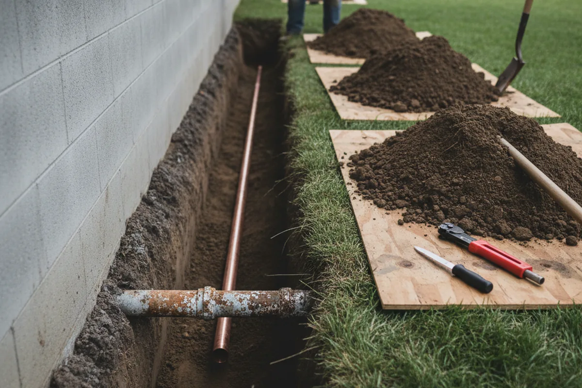 Excavated water line trench during Water Softener Installation in Havana